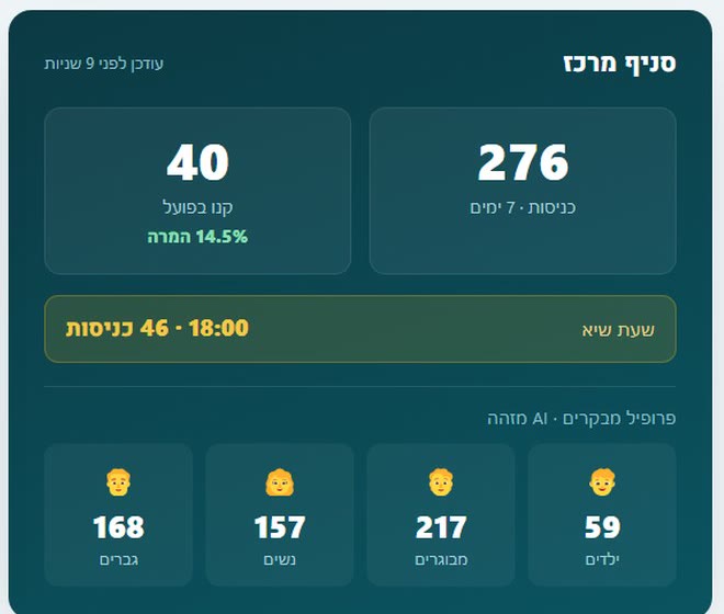 הפרט: כרטיס סניף אחד עם הכניסות, הקניות בפועל, יחס ההמרה ופרופיל המבקרים